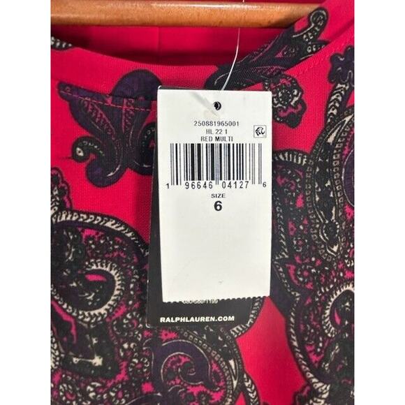 NWT Lauren Ralph Lauren Sheath Dress Paisley Jersey Long Sleeeve Red Multi Sz 6 - Picture 4 of 12